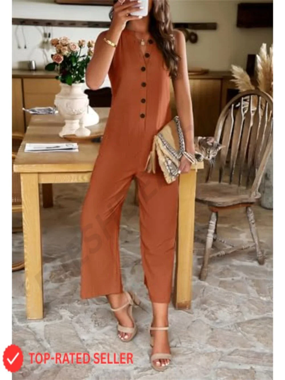Womens Casual Dressy Jumpsuit Button Down Romper V Neck Sleeveless Wide Leg
